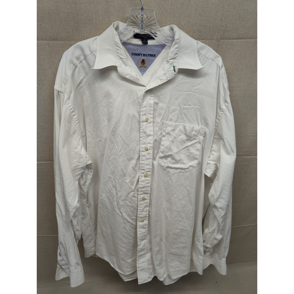 Tommy Hilfiger Mens White Button Down‎ Shirt 17 36-37 Long Sleeve Cotton Crest